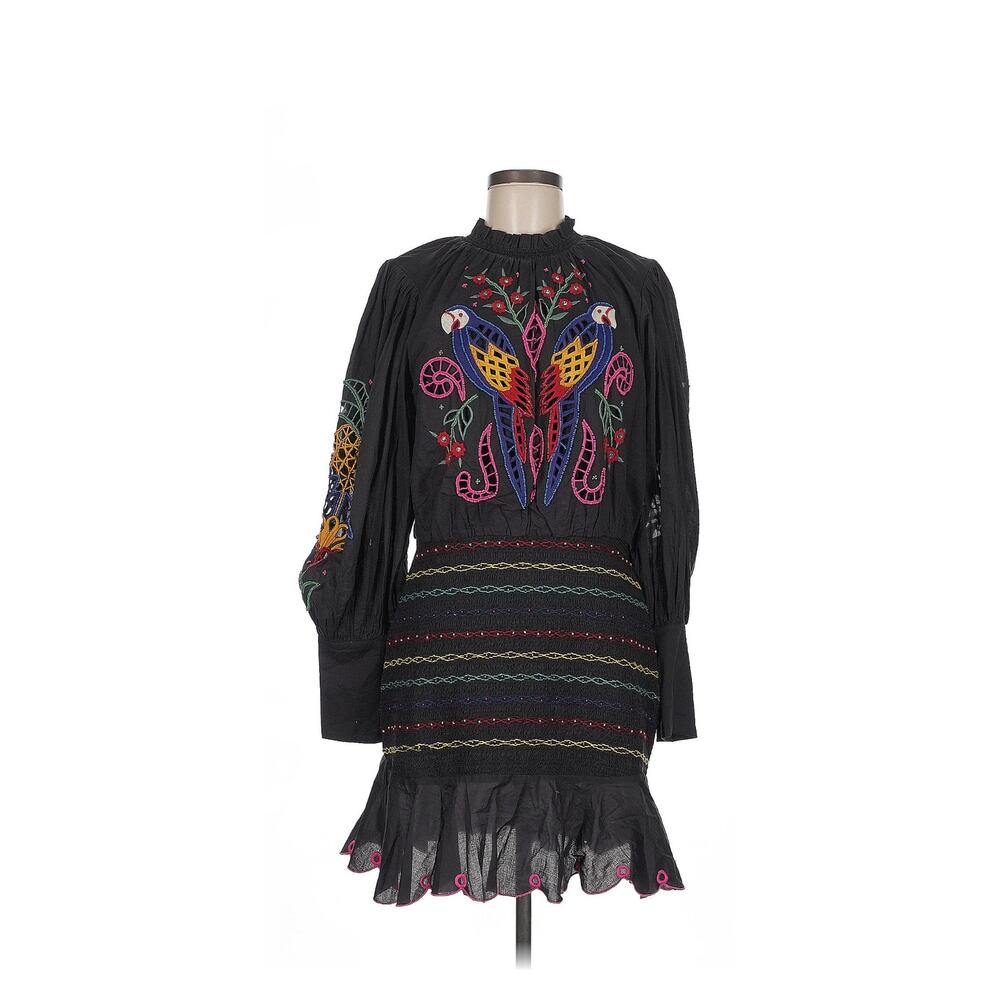FARM RIO embroidered jungle tropical tapestry navy smocked mini dress beaded